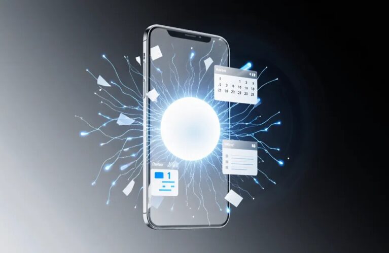 Siri AI agent 2026 smartphone with luminous neural task completion pathways in cerulean blue BigAIAgent
