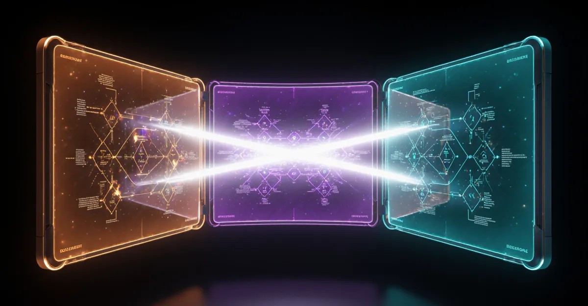 Zapier vs Make vs n8n 2026 three glowing platform comparison panels in amber violet teal BigAIAgent