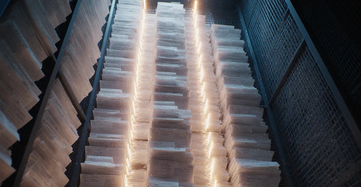AI agent back office 2026, glowing ledger pages and invoice streams flowing into a data vault BigAIAgent
