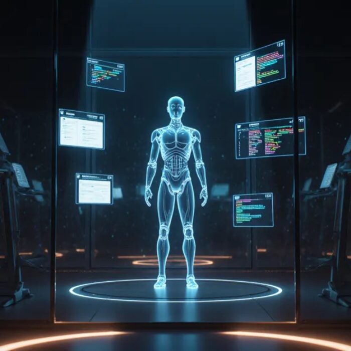 AI agent training environments 2026, luminous agent figure practicing inside a simulation chamber BigAIAgent