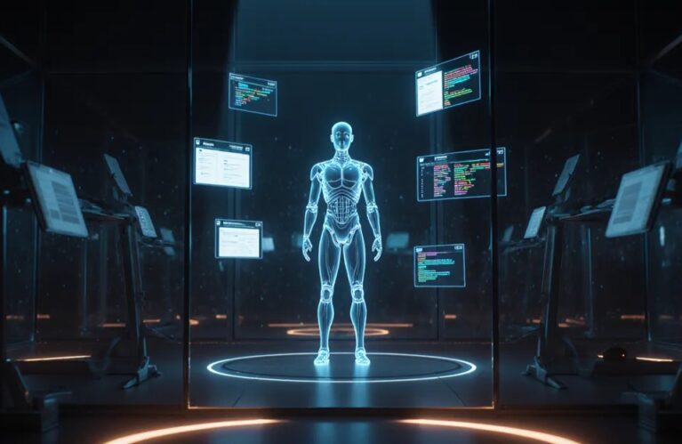 AI agent training environments 2026, luminous agent figure practicing inside a simulation chamber BigAIAgent