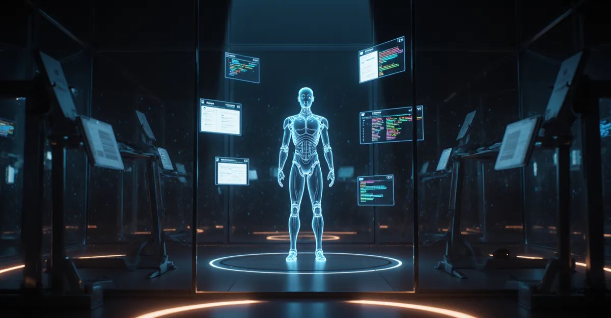 AI agent training environments 2026, luminous agent figure practicing inside a simulation chamber BigAIAgent