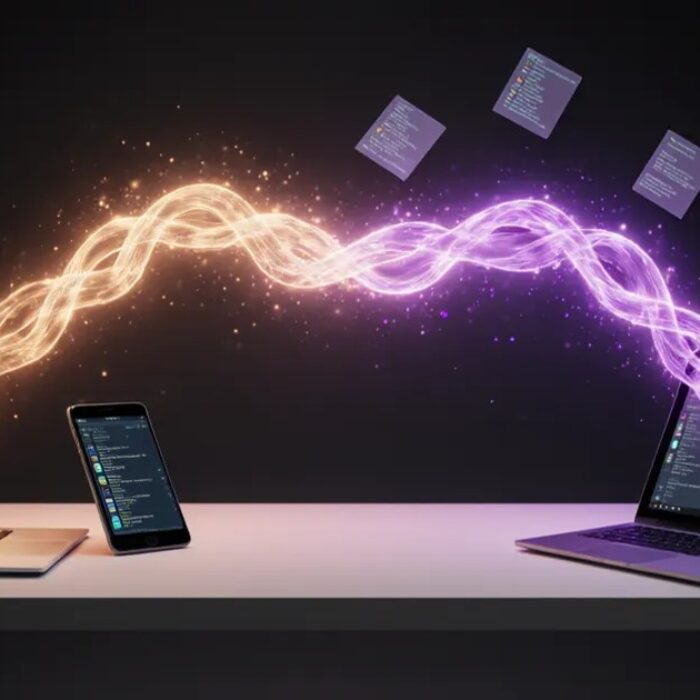 AI agent work platforms 2026, two glowing interface streams merging across laptop, tablet and phone BigAIAgent