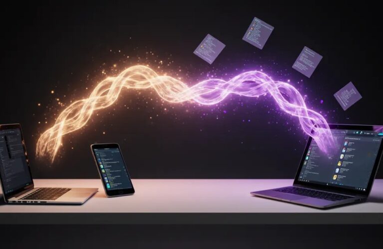 AI agent work platforms 2026, two glowing interface streams merging across laptop, tablet and phone BigAIAgent