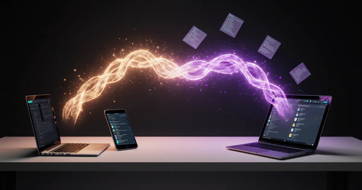 AI agent work platforms 2026, two glowing interface streams merging across laptop, tablet and phone BigAIAgent