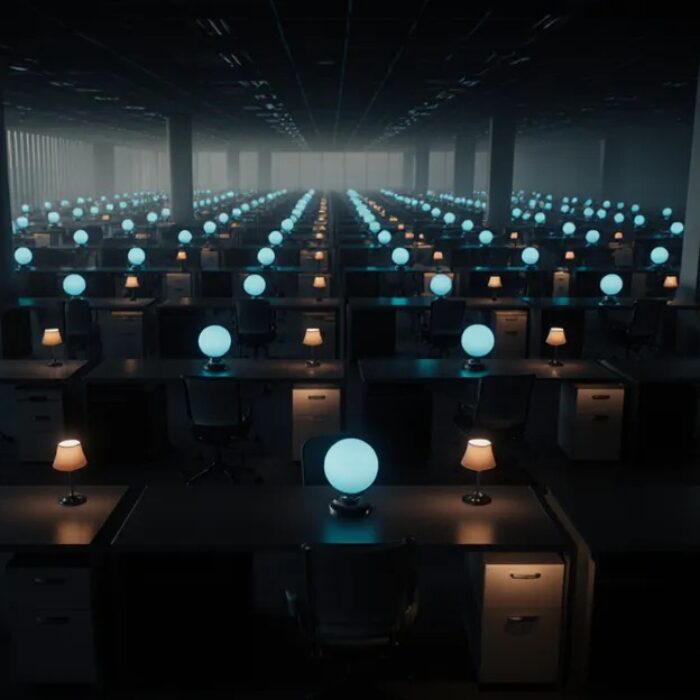AI agents for employees 2026, aerial office grid with a glowing AI orb above every desk BigAIAgent