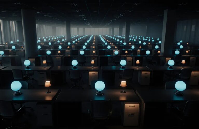AI agents for employees 2026, aerial office grid with a glowing AI orb above every desk BigAIAgent