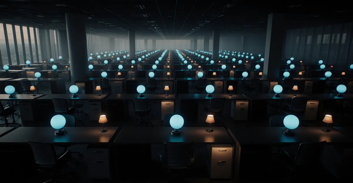 AI agents for employees 2026, aerial office grid with a glowing AI orb above every desk BigAIAgent