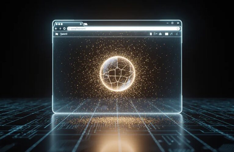 AI browser agents 2026, translucent browser window dissolving into a glowing AI orb BigAIAgent