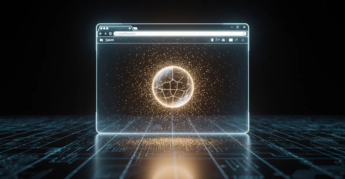 AI browser agents 2026, translucent browser window dissolving into a glowing AI orb BigAIAgent