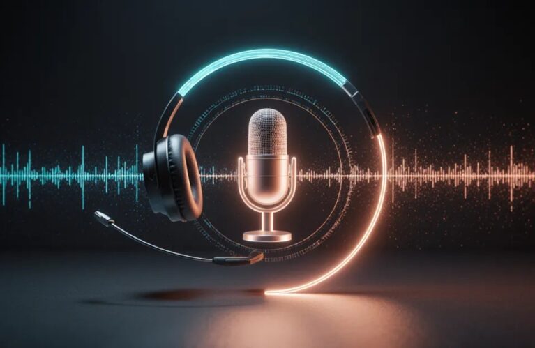 AI voice agents 2026 headset with glowing waveform rings visualizing enterprise call automation BigAIAgent