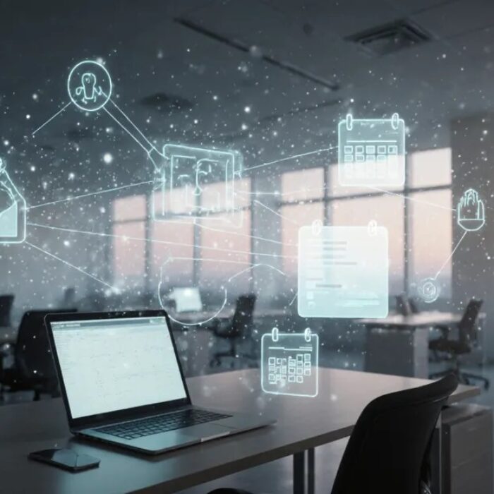Always-on AI agents shown as ambient light threading through an office workspace at dusk BigAIAgent