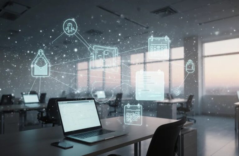 Always-on AI agents shown as ambient light threading through an office workspace at dusk BigAIAgent