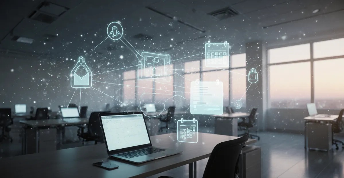 Always-on AI agents shown as ambient light threading through an office workspace at dusk BigAIAgent