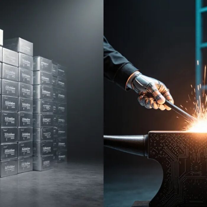 Build vs buy AI agents scene showing vendor software shelves beside a forge shaping custom code BigAIAgent