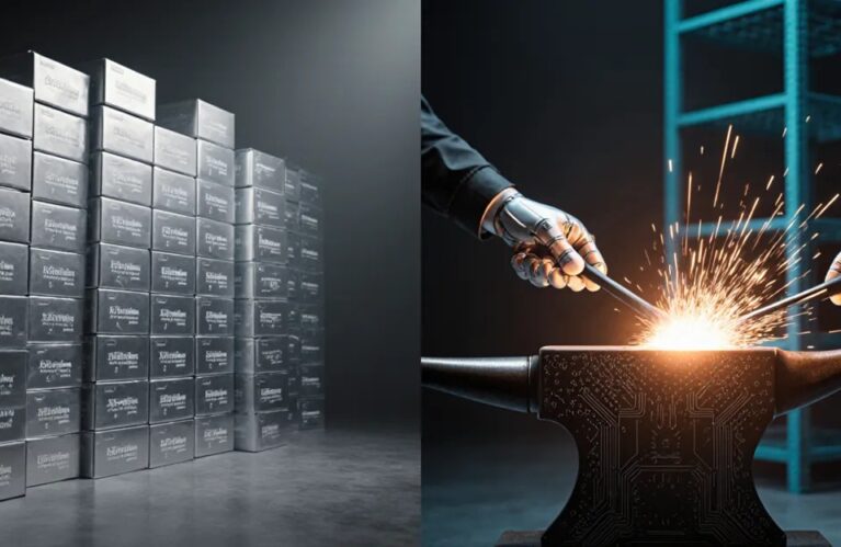 Build vs buy AI agents scene showing vendor software shelves beside a forge shaping custom code BigAIAgent