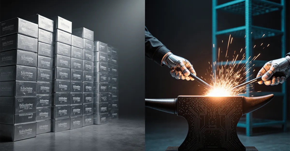 Build vs buy AI agents scene showing vendor software shelves beside a forge shaping custom code BigAIAgent