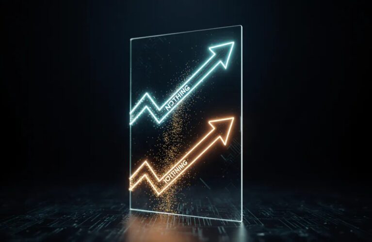 Diverging profit and ROAS lines glowing above dark data panels, AdMagic waitlist