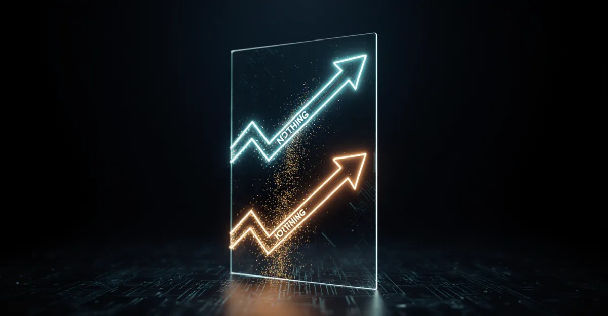 Diverging profit and ROAS lines glowing above dark data panels, AdMagic waitlist