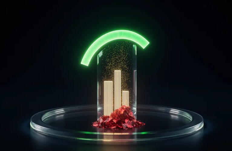 Glowing green performance arc above draining red reserves, AdMagic waitlist