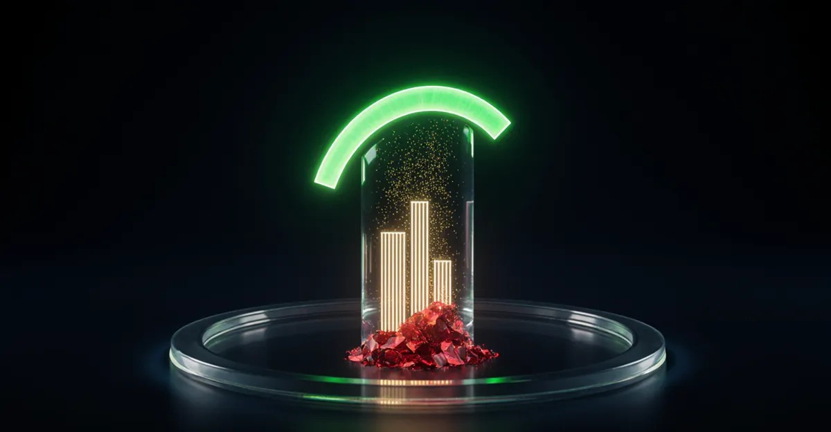 Glowing green performance arc above draining red reserves, AdMagic waitlist