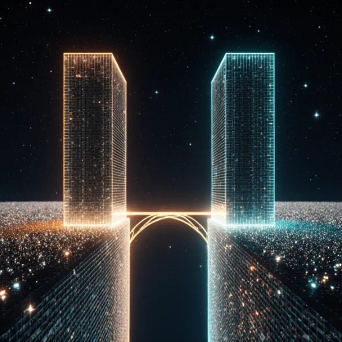 Two glowing towers with a fragile bridge, symbolizing the gap between ad spend and profit. AdMagic waitlist