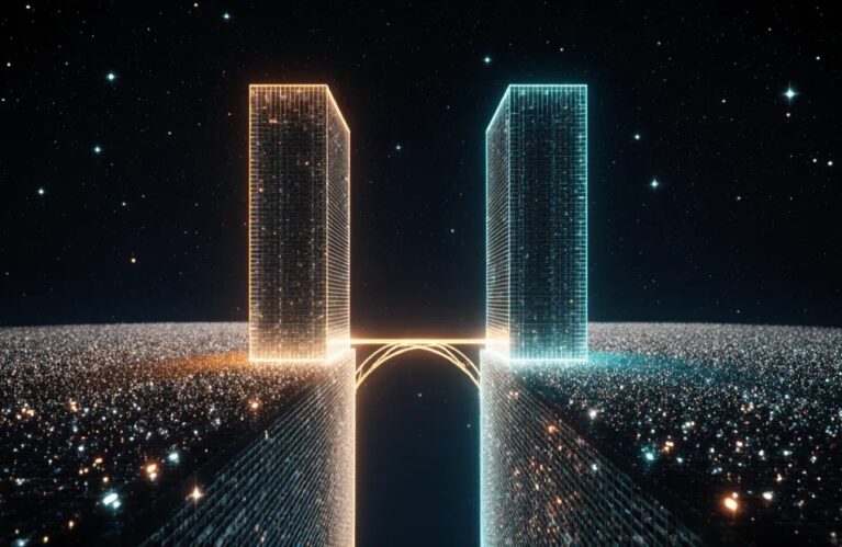 Two glowing towers with a fragile bridge, symbolizing the gap between ad spend and profit. AdMagic waitlist