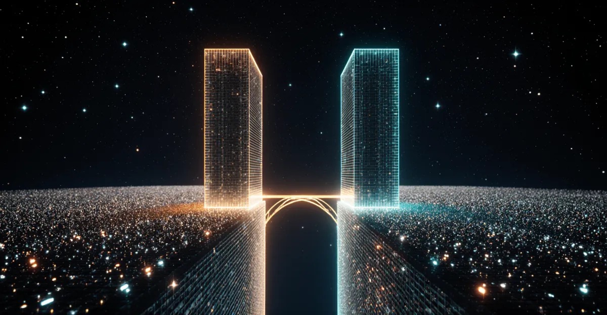Two glowing towers with a fragile bridge, symbolizing the gap between ad spend and profit. AdMagic waitlist