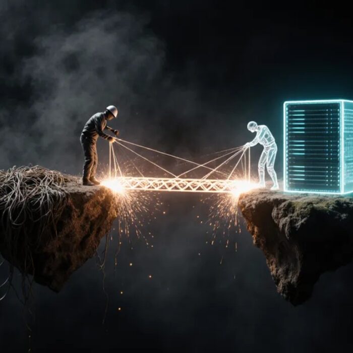 forward deployed AI engineers 2026, luminous figure bridging tangled legacy tech to a sleek server BigAIAgent