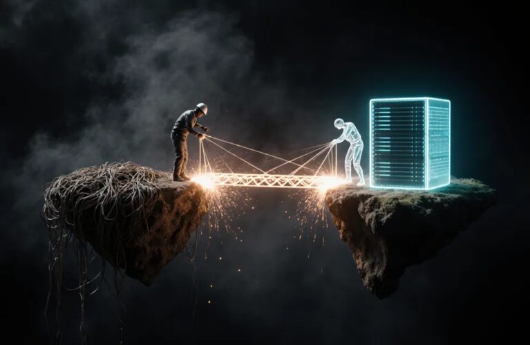 forward deployed AI engineers 2026, luminous figure bridging tangled legacy tech to a sleek server BigAIAgent