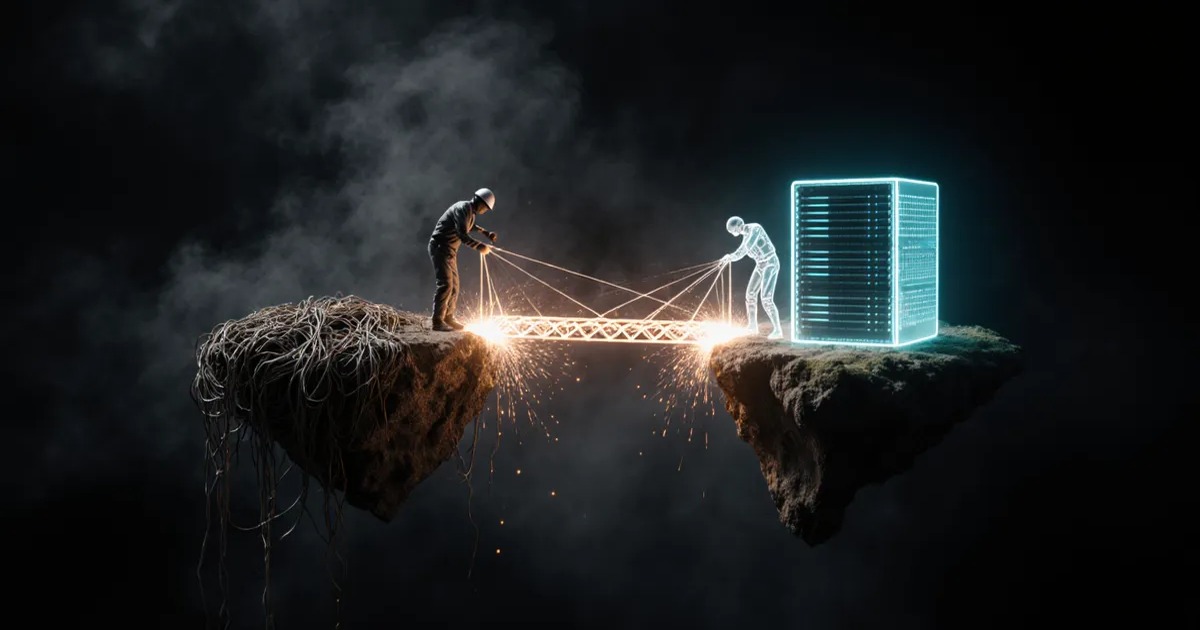 forward deployed AI engineers 2026, luminous figure bridging tangled legacy tech to a sleek server BigAIAgent