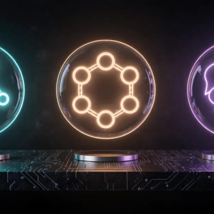 LangChain vs CrewAI vs AutoGen shown as three glowing agent architecture diagrams side by side BigAIAgent