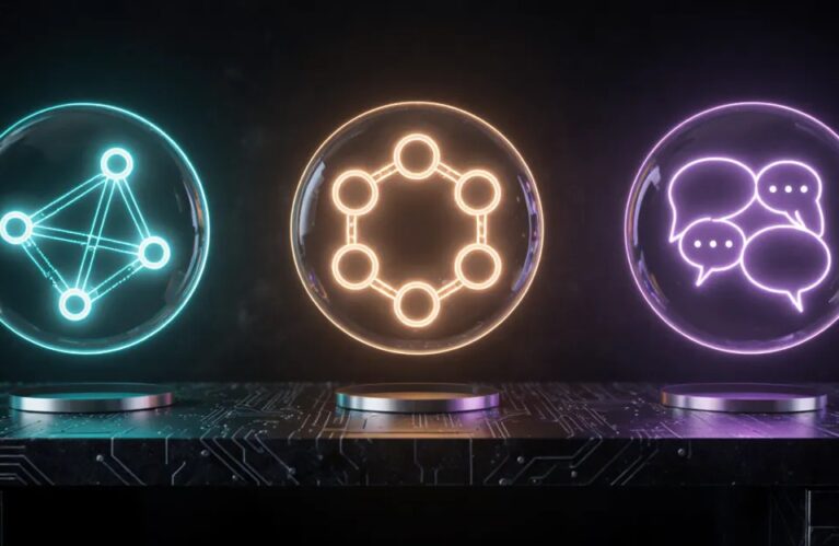 LangChain vs CrewAI vs AutoGen shown as three glowing agent architecture diagrams side by side BigAIAgent