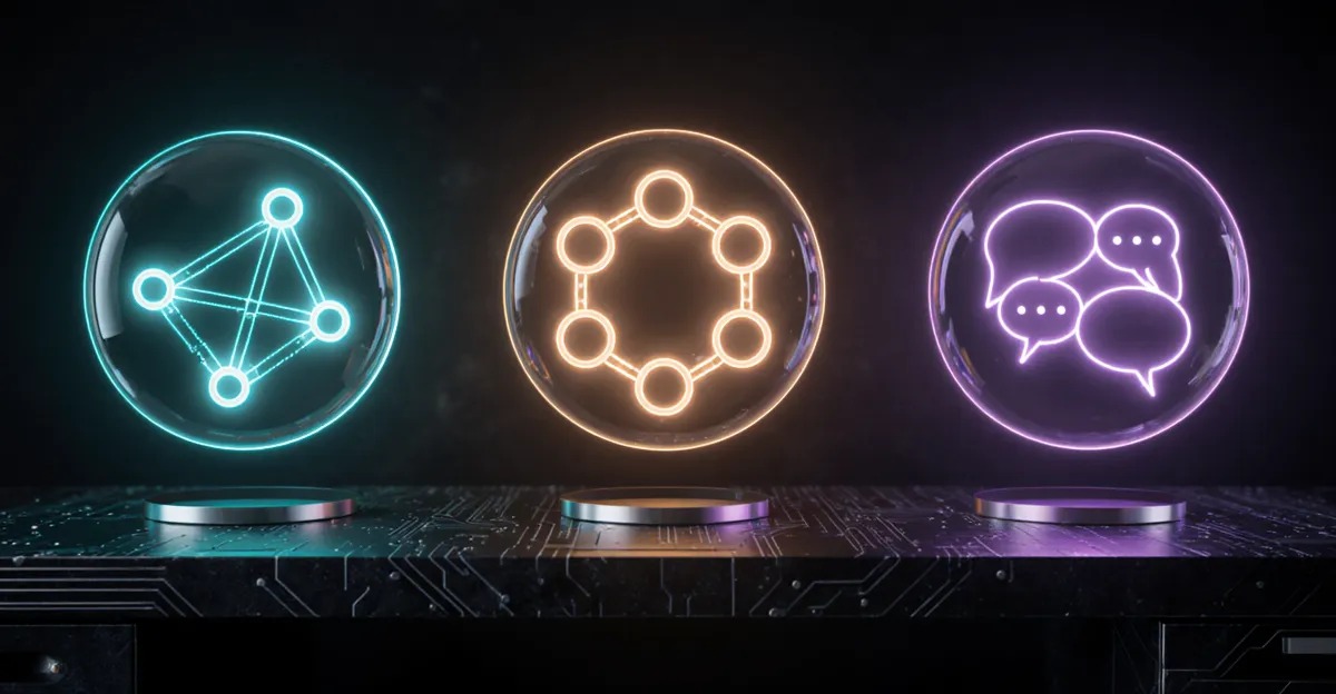 LangChain vs CrewAI vs AutoGen shown as three glowing agent architecture diagrams side by side BigAIAgent