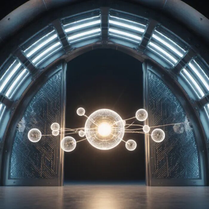 Meta Muse Spark 1.1 AI agent, glowing archway closing into a vault beside orbiting sub agent orbs BigAIAgent