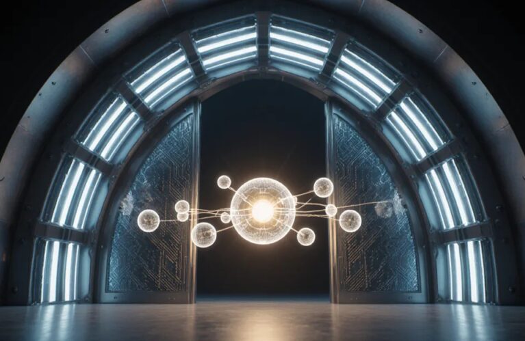 Meta Muse Spark 1.1 AI agent, glowing archway closing into a vault beside orbiting sub agent orbs BigAIAgent