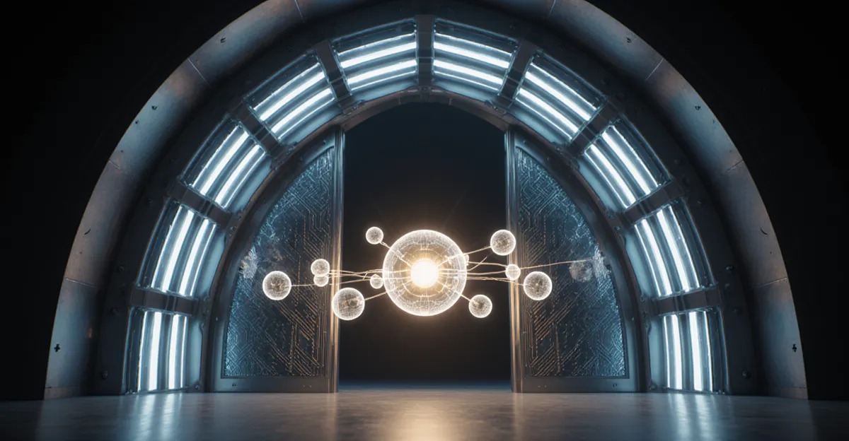 Meta Muse Spark 1.1 AI agent, glowing archway closing into a vault beside orbiting sub agent orbs BigAIAgent