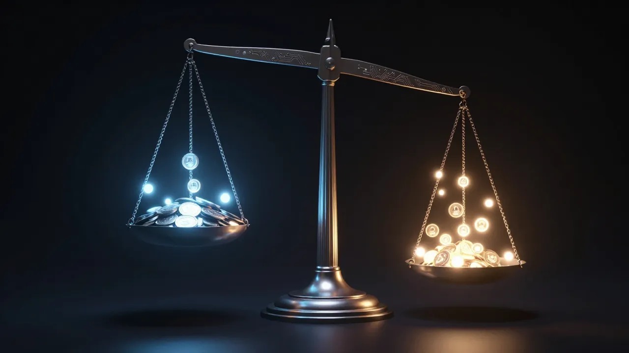 AI agent costs 2026 visualized as a balance scale between shrinking token prices and rising agent workload BigAIAgent