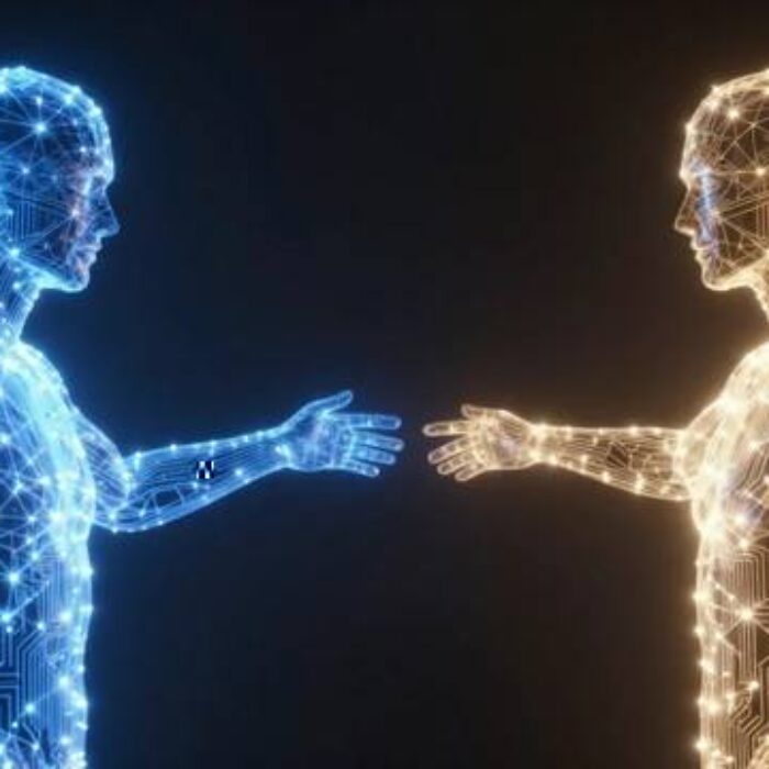 AI agent interoperability shown as two networks connecting through a light bridge BigAIAgent
