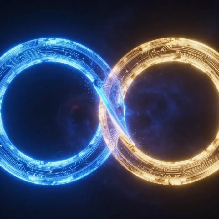 AI agent interoperability shown as two glowing blue and gold circuit rings interlocking BigAIAgent