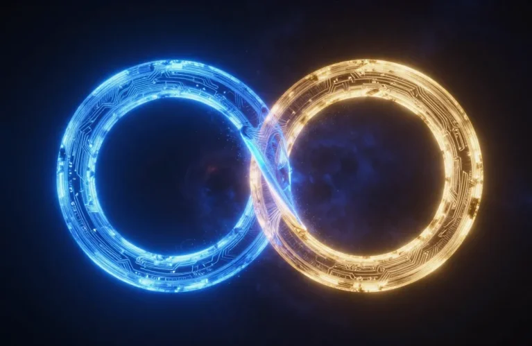 AI agent interoperability shown as two glowing blue and gold circuit rings interlocking BigAIAgent