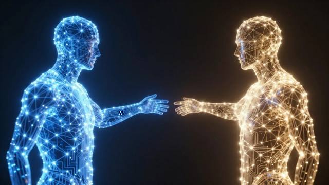 AI agent interoperability shown as two networks connecting through a light bridge BigAIAgent