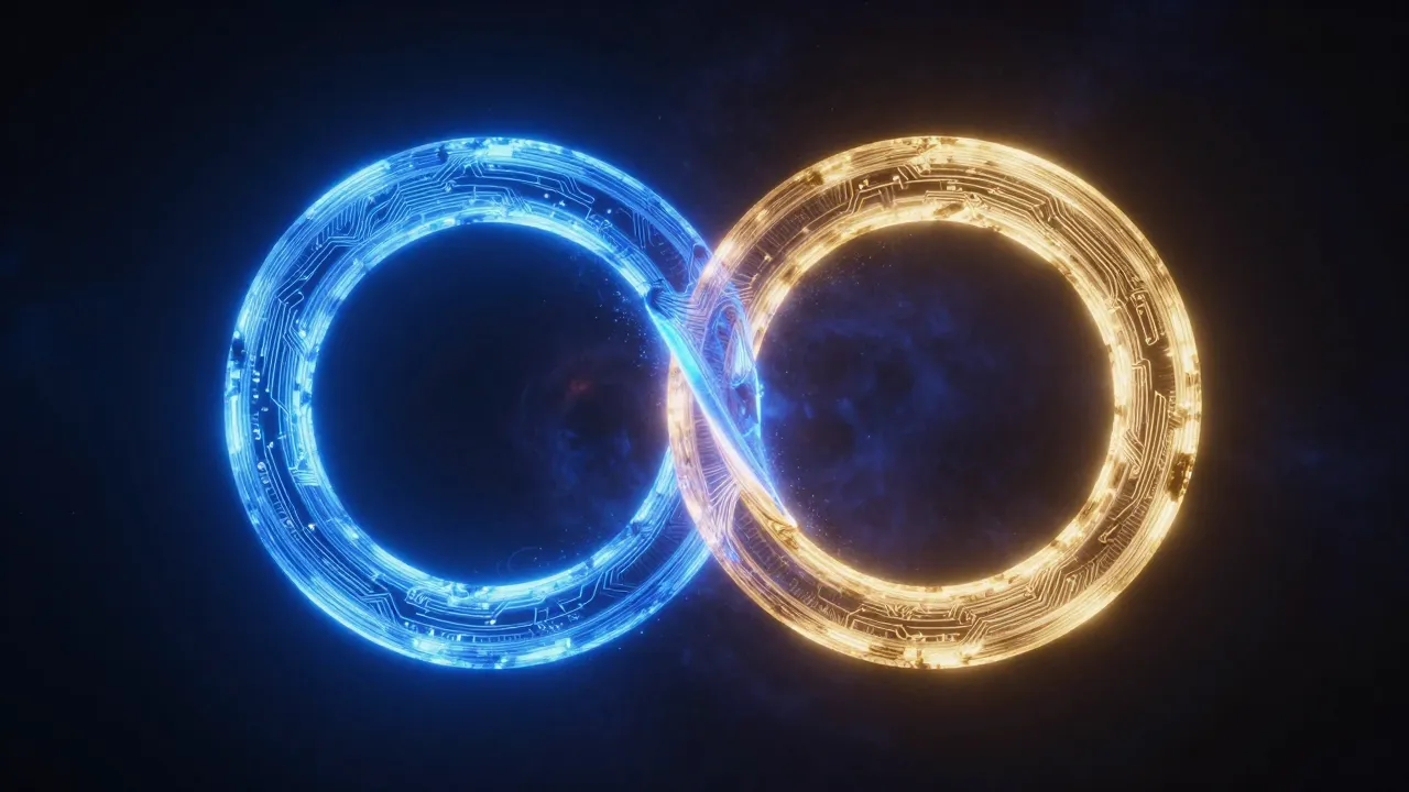 AI agent interoperability shown as two glowing blue and gold circuit rings interlocking BigAIAgent