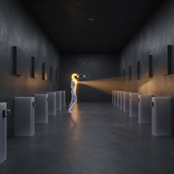 AI agent oversight 2026, lone AI figure passing dormant checkpoints toward one active scanning gate BigAIAgent