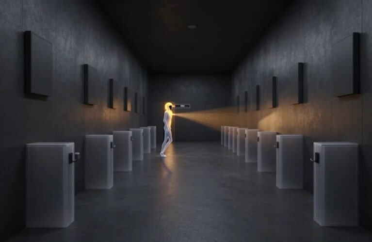 AI agent oversight 2026, lone AI figure passing dormant checkpoints toward one active scanning gate BigAIAgent