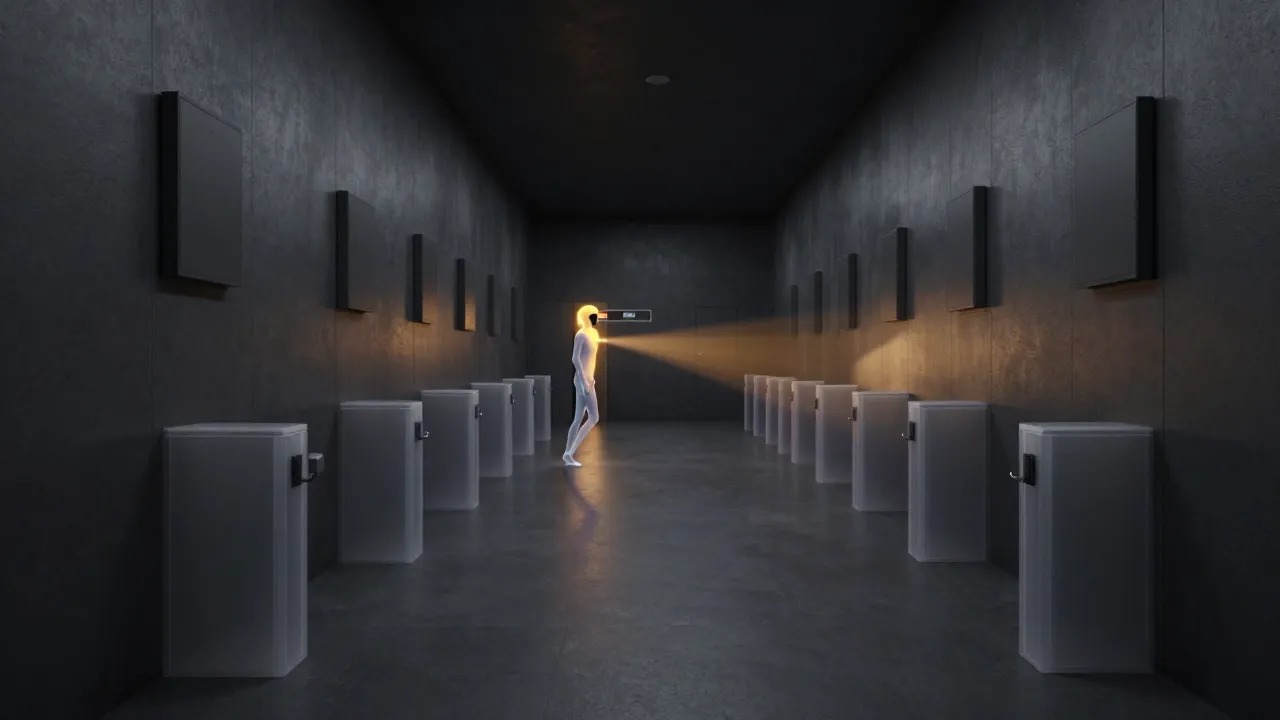 AI agent oversight 2026, lone AI figure passing dormant checkpoints toward one active scanning gate BigAIAgent
