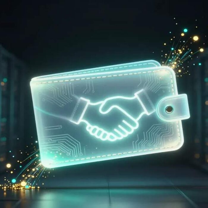 AI agent payments 2026: translucent digital wallet exchanging glowing stablecoin particles via a handshake glyph BigAIAgent