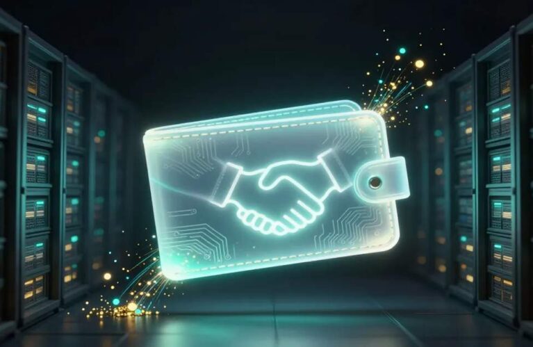 AI agent payments 2026: translucent digital wallet exchanging glowing stablecoin particles via a handshake glyph BigAIAgent