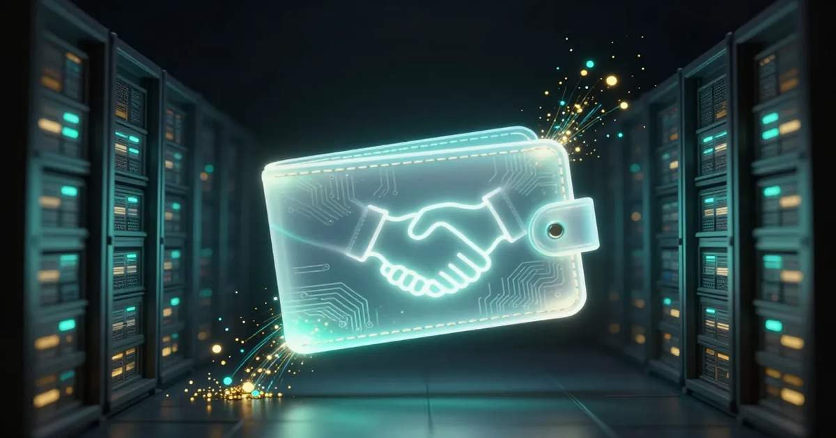 AI agent payments 2026: translucent digital wallet exchanging glowing stablecoin particles via a handshake glyph BigAIAgent