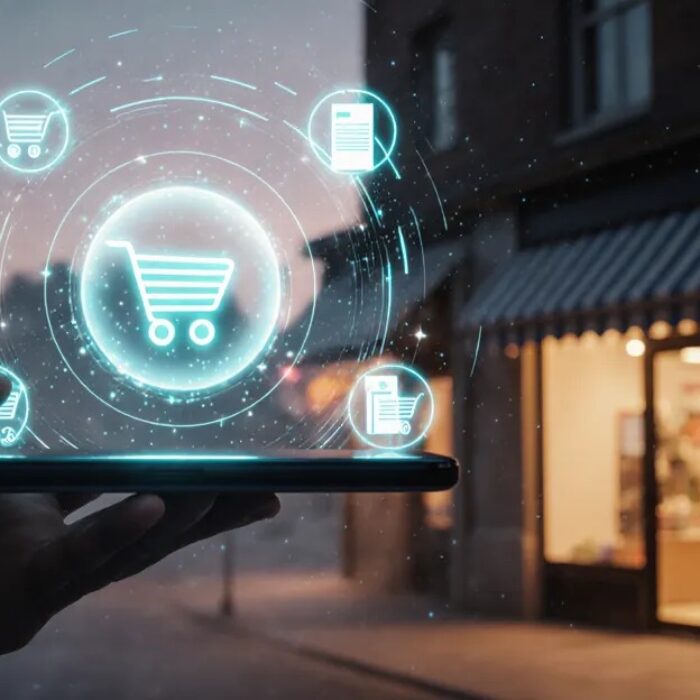 AI shopping agents 2026 smartphone hologram guiding autonomous store checkout BigAIAgent